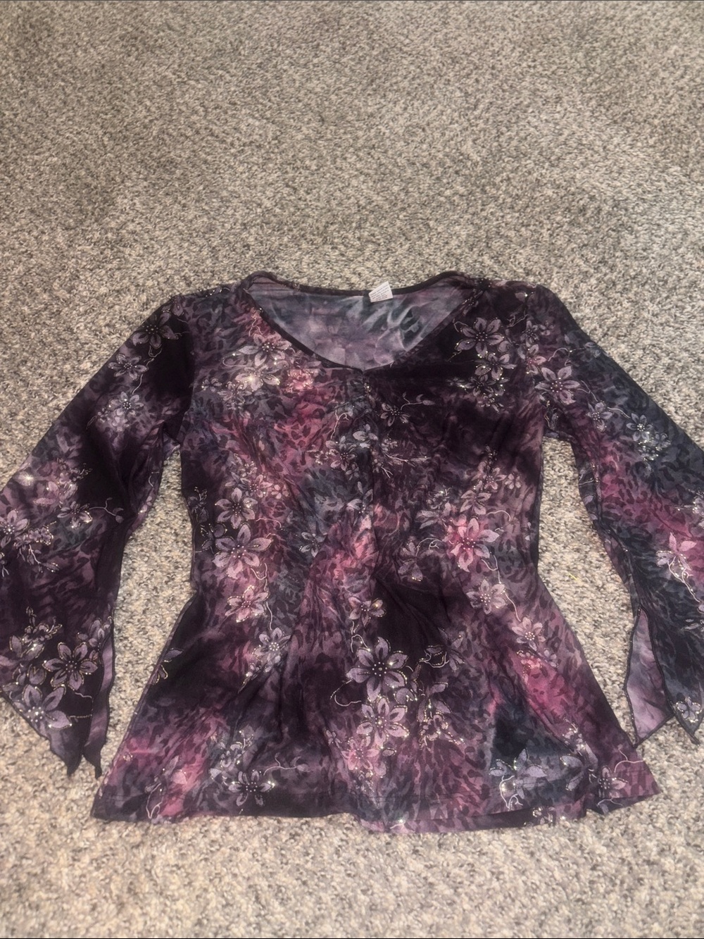 Y2K Floral Sheer Long-Sleeve Purple Blouse